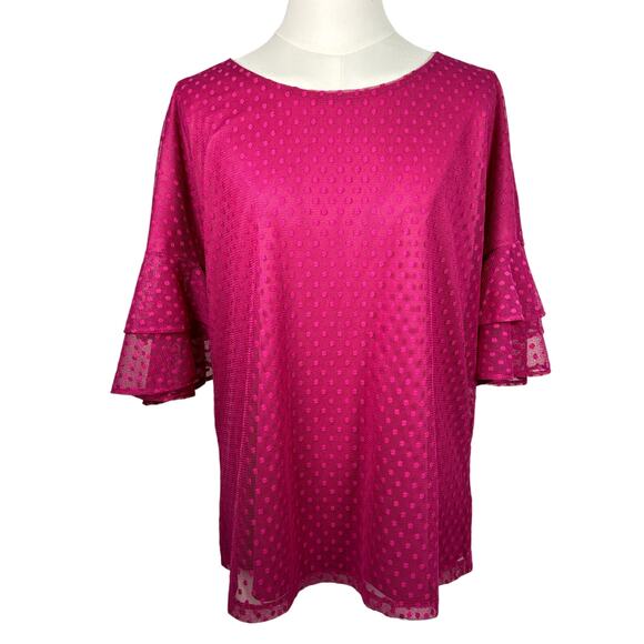 Hot Pink Sheer Dotted Top with Ruffled Sleeves - Picture 1 of 4